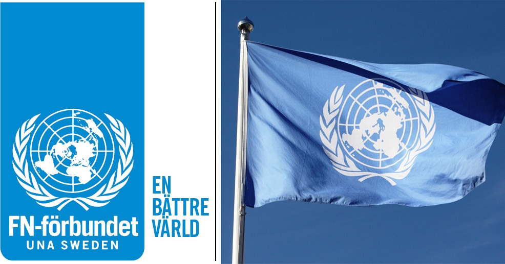 "Nej, vi luras inte". Till vänster "FN-Förbundets" logo, till höger det verkliga Förenta Nationernas flagga.