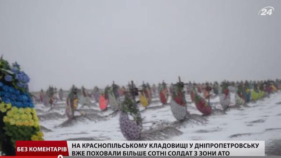 UKRAINSKA SOLDATGRAVAR.  På Ukrainas vindpinade och vidsträckta stäpp har otaliga nya gravar grävts. Flera massbegravningar har ägt rum den sista tiden. Stillbild från Vesti24
