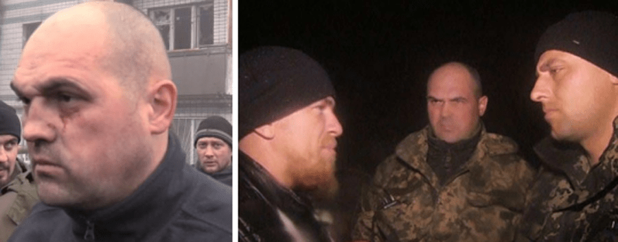 vänster: ÖVERSTE OLEG MIKATS kort efter att han tillfångatogs den 20 januari. Han förde befäl över den 93:e mekaniserade gardesbrigaden som nu upphört att existera som stridsdugligt förband efter flera huvudlösa anfall mot Donetsk flygplats. Höger: ”Motorola” (t v), den kortvuxne chefen för bataljon Sparta, syns här tillsammans med den tillfångatagne ukrainske överste Mikats (mitten) och en annan ukrainsk officer med okänd grad som kallades ”Kupol”. Intressant är att ”Kupol” presenterades som brigadchef vid mötet i december, fast han verkade underordnad Mikats. Trots visad goodwill från separatisterna, vilka lät ukrainarna evakuera en flygplatsbyggnad och passera genom deras linjer, så betedde sig de ukrainska officerarna överlägset. Något de lär ångra i dag.
