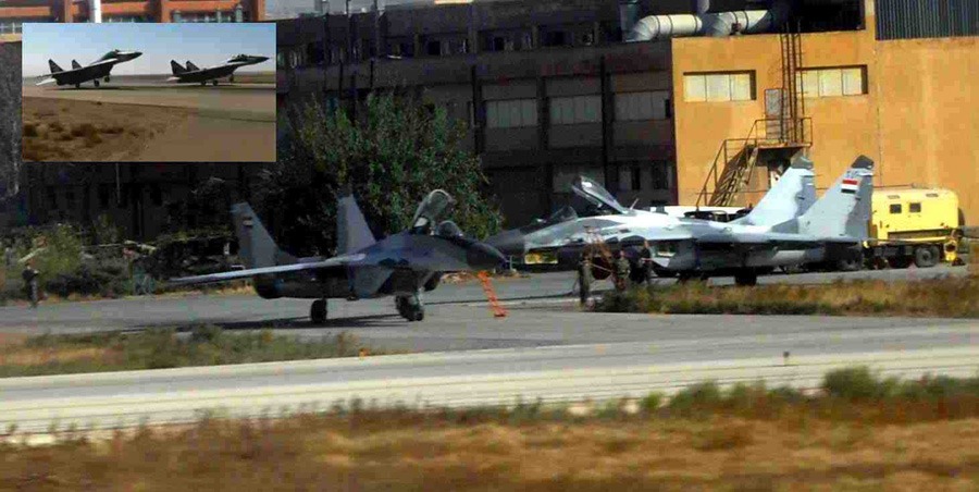 MIG-29 ”FULCRUM” tillhörande SAAF på en bas någonstans i Syrien. Det är ett multirollplan med tyngdpunkt på jakt som hyfsat kan mäta sig med motsvarande västerländska. Det totala antalet har Syrien lyckats hemlighålla. MiG-29:or har setts vid flygbasen Sayqal i Damaskus. Den tros vara hemmabas för 2-3 skvadroner (en skvadron består av minst 12 flygplan) MiG-29:or. Dessa utplaceras temporärt på andra flygbaser som de sedan opererar ifrån. Kollage: luftwaffeas.blogspot.com