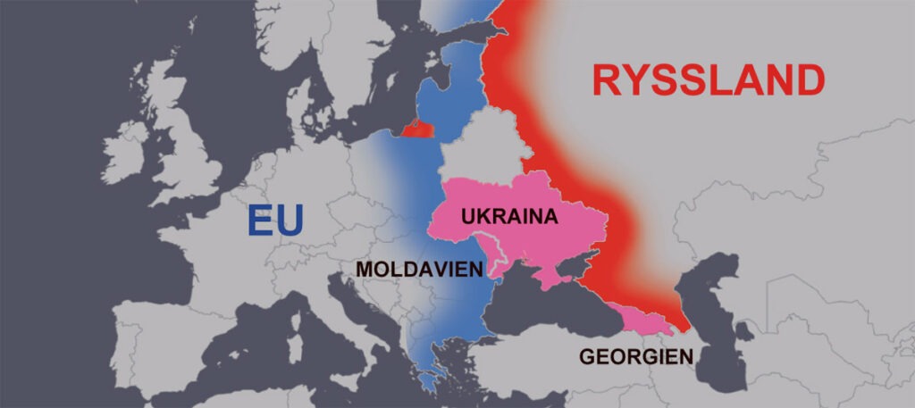 I europas utkant. De tre länderna Ukraina, Moldavien och Georgien är bland de sista som ligger mellan EU och Ryssland. Sedan är det bara Vitryssland och kvar innan EU och Ryssland har en enda lång sammanhängande gräns. Grafik: Nya Tider