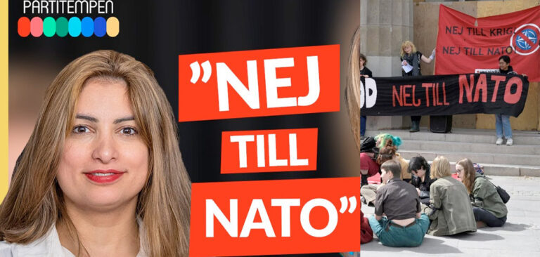 Vänsterpartiet byter fot i Nato-frågan, kommer inte att riva upp medlemskapet. Bild från Youtube-kanalen Partitempen samt foto från Ung Vänsters demonstration i Stockholm mot Nato. Bilder: Youtube