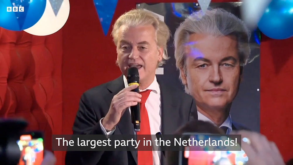 Geert Wilders Frihetsparti blev den stora vinnaren i Nederländernas parlamentsval den 22 november. Stillbild: BBC