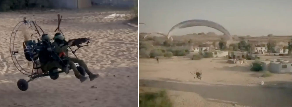 Skärmflygare (paraglide) användes av Hamas för att flyga över muren som omgärdar Gaza och ta sig snabbt till militärposteringar, baser och bosättningar för överraskande angrepp. Så sent som den 1 november ska skärmflygare ha använts för att försöka ta sig bakom IDF:s linjer norr om Gaza. Foton: Telegram